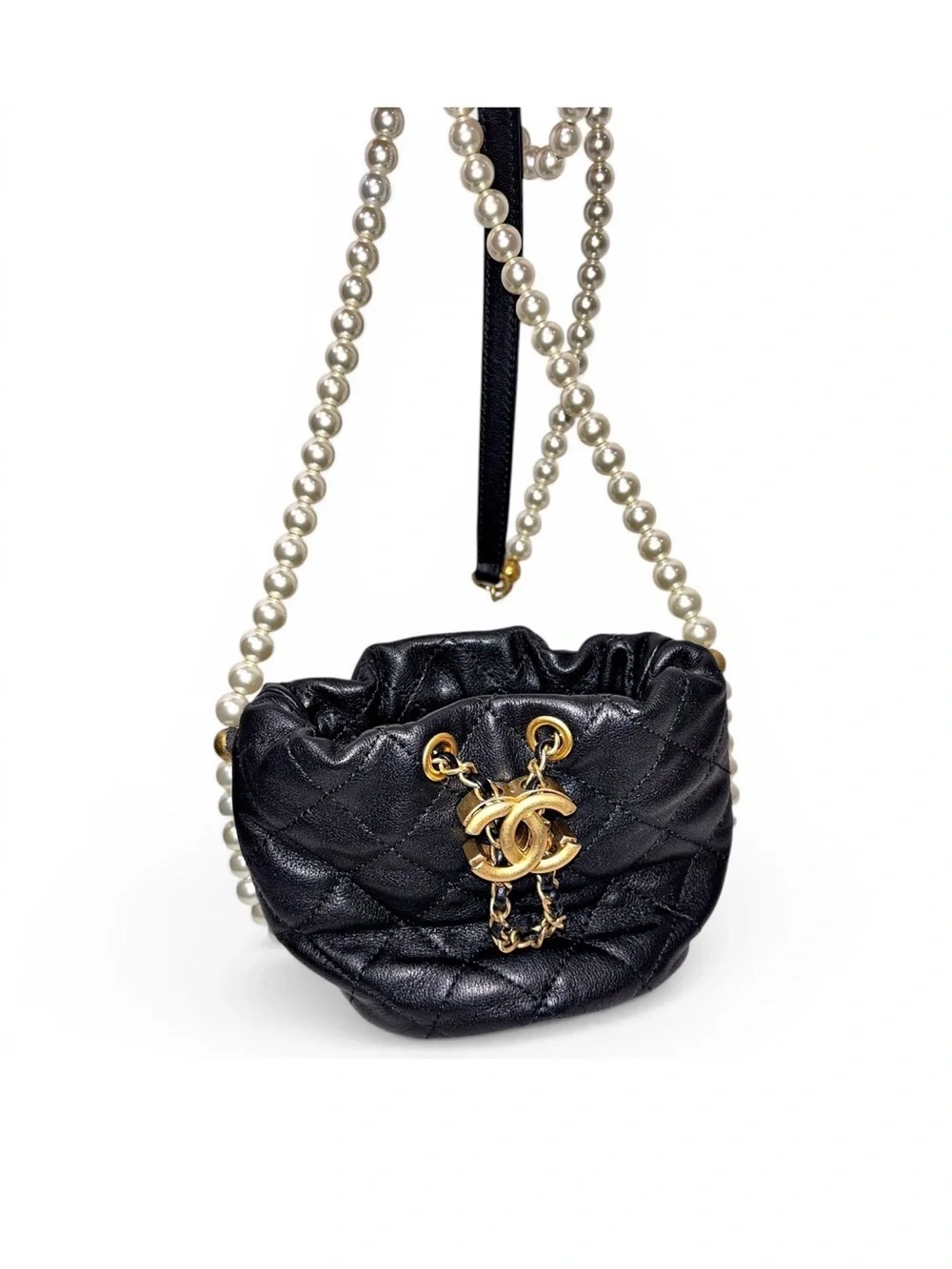 CHANEL Pearl Drawstring Bucket Bag in Black Quilted Lambskin with Pearl Strap